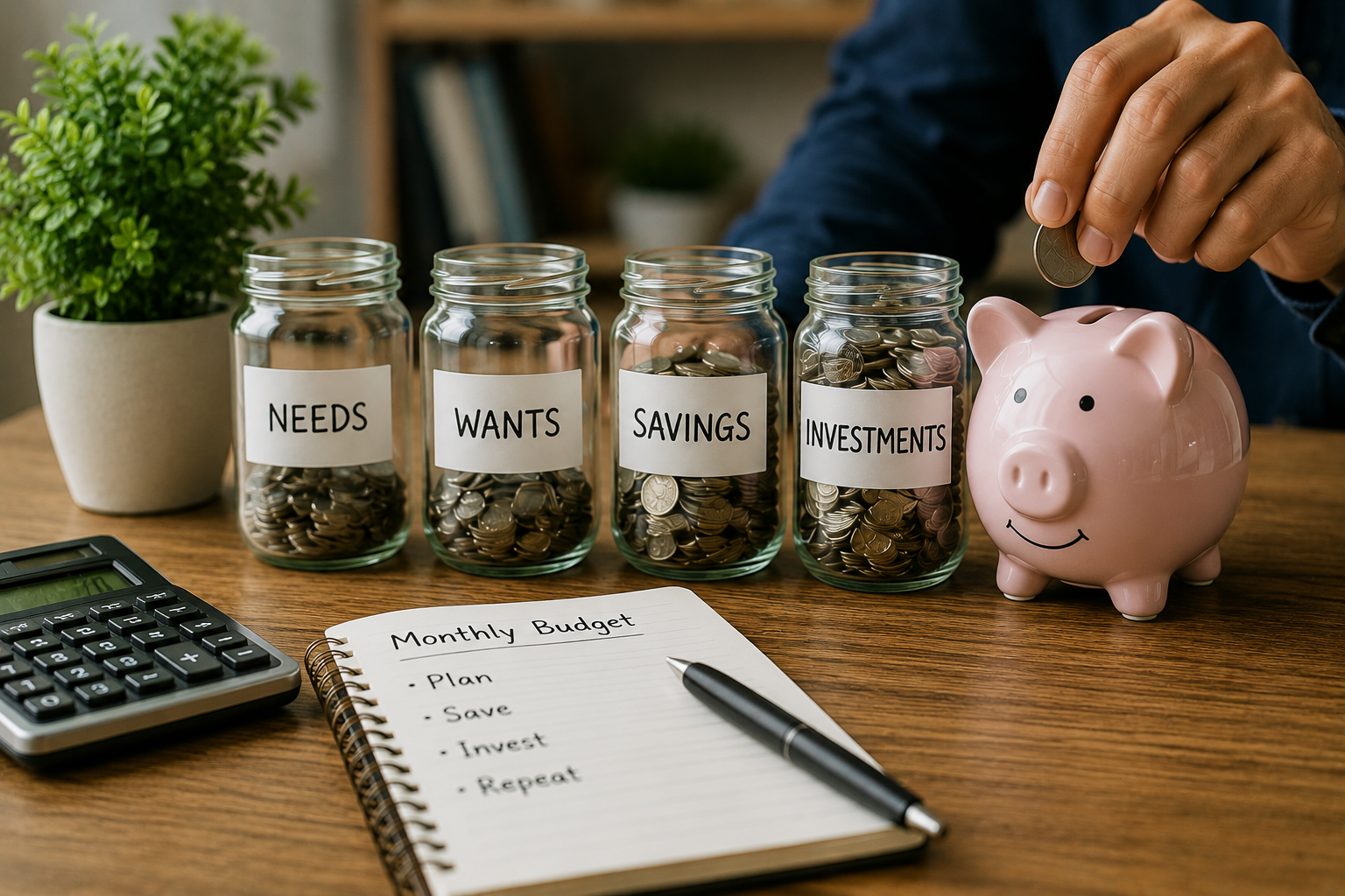 Personal finance budgeting with savings jars, piggy bank, calculator and notebook
